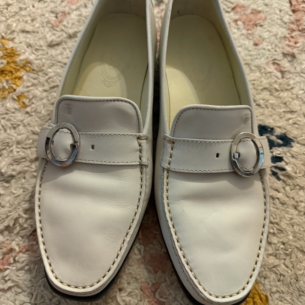 Tod's White Leather Loafers with Silver Buckle